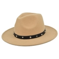 Detail shot of camel wool fedora hat with black leather strap and metallic punk rivets - M (56-58cm) / Khaki