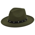 Detailed side view of an army green wool fedora hat with punk style metal studded leather band - M (56-58cm) / Army Green