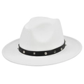Detailed view of white wool fedora hat featuring a black leather band with silver metal studs - M (56-58cm) / White