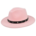 Detail of pink wool fedora with black faux leather band and silver metallic studs - M (56-58cm) / Pink