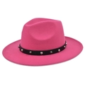 Detail of wool felt jazz hat with black leather band featuring silver metal punk studs - M (56-58cm) / Rose Red