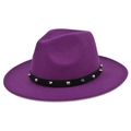 Detailed close-up of purple wool fedora with black punk style studded band decoration - M (56-58cm) / Purple