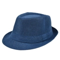 Classic dark blue woven trilby hat with matching band for men and women stylish fedora - Blue