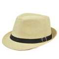 Detailed view of the dense straw weave and black leather band with silver buckle - M (56-58cm) / Light Yellow 1