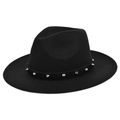 Klassieke zwarte wollen fedora met punk zilveren studs en een brede rechte rand - M / Zwart