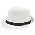 Close-up of white woven summer fedora hat with black band and silver metal buckle - M (56-58cm) / White
