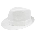 Detail of the woven texture and matching white ribbon on a classic fedora hat - White