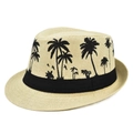 Detail van een beige strooien hoed met zwart palmboommoterf en bijpassend zwart sierlint - M (56-58cm) / Lichtgeel