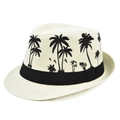 Strohoed in Panama-stijl met palmprint en zwart lint voor zomerse zonbescherming op het strand - M (56-58cm) / Broken Wit