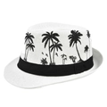 Detailed view of white straw fedora with black coconut tree patterns and a wide ribbon - M (56-58cm) / White