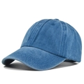Close-up of vintage washed navy blue cotton baseball cap with six-panel stitching and vents - Lake Blue