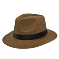 Detail of classic brown straw fedora hat featuring a fine weave and black ribbon band - M(56-58cm) / Coffee
