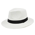 Detail of white woven straw Panama hat featuring a classic black decorative ribbon band - M(56-58cm) / White