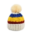 Bonnet en tricot rayé avec pompon en fausse fourrure beige et maille torsadée épaisse - Style Sans Abeille / Blanc Cassé