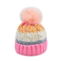 Bonnet en tricot d'hiver à rayures colorées, pompon rose et doublure polaire - Style Sans Abeille / Rose