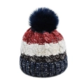 Bonnet en tricot rayé avec pompon marine, motifs rouge, blanc et gris pour l'hiver - Style Sans Abeille / Bleu marine