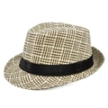 Detailed view of the woven pattern on a brown and white checkered summer fedora hat - M(56-58cm) / Coffee
