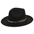 Klassieke zwarte wollen fedora hoed met luipaardprint band en gouden gesp - Zwart