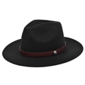 Klassieke zwarte wollen fedora met brede rand en roodbruine lederen band met metalen gesp - M (56-58cm) / Zwart