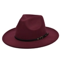 Detail of wide brim burgundy wool fedora hat featuring black leather band and metal rivets - M / Burgundy