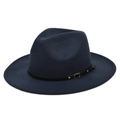 Detail of dark blue fedora hat featuring black leather band and gold metal rivet buckle - M / Navy Blue