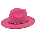 Chapeau Fedora en laine magenta avec ruban décoratif en chaîne or et noir - Rouge Rose Clair