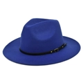 Detail of royal blue wool fedora hat featuring a black leather band and gold buckle accent - M / Blue