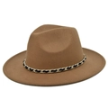 Chapeau fedora en laine marron pour femme avec chaîne dorée et ruban de velours - Camel
