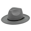 Detail of grey wool fedora hat featuring a black leather band and gold buckle accent - M / Gray