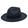 Classic dark blue felt fedora hat for women with wide brim and black decorative ribbon band - M / Navy Blue