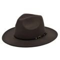 Detailed macro view of dark brown wool fedora hat with black leather band and gold buckle - M / Coffee