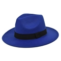 Detailed view of royal blue fedora hat featuring wool felt texture and black grosgrain ribbon - M / Royal Blue