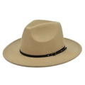 Close-up of khaki wool fedora hat featuring a black leather band with bronze metal buckles - M / Khaki