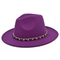 Chapeau fedora classique en laine violet foncé orné d'une chaîne décorative noire et dorée - Violet