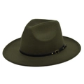 Classic olive green wool fedora hat with wide brim and studded leather band accessory - M / Army Green