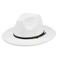 Detail of white felt fedora hat featuring black leather band with golden rivet accents - M / White