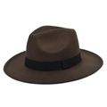 Classic dark brown felt fedora hat with wide brim and black ribbon band for women - M / Coffee