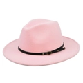 Detail of pink fedora wool hat featuring a black leather band and golden buckle accents - M / Pink