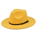 Close-up of bright yellow wool fedora hat with black leather band and metal rivets - M / Yellow