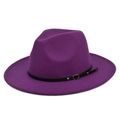Detailed view of purple wool fedora hat featuring a black leather belt and gold buckle - M / Purple