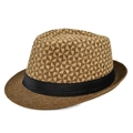 Kurzkrempiger Jazz-Strohhut in Braun und Beige geflochten mit schwarzem Satinband - M(56-58cm) / Kaffeebraun