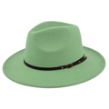Detail view of mint green wool fedora with black decorative belt and metal buckle - M / Verdant