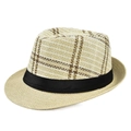Detailansicht des atmungsaktiven Strohgeflechts und des schwarzen Bandes am Fedora-Hut - M (56-58cm) / Gelb