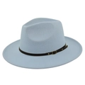 Detail of light blue fedora hat with brown leather band and gold buckle on white background - M / Sky Blue