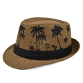 Bruine strooien fedora hoed met zwart palmenpatroon en een zwarte decoratieve band - M (56-58cm) / koffiekleur