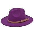 Deep purple wool felt wide brim fedora hat with brown leather band and gold buckle - M (56-58cm) / Purple