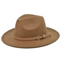 British style khaki wool fedora hat with brown leather band and heart buckle detail - M (56-58cm) / Camel