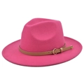 Vibrant rose pink fedora wool hat with a tan leather strap and gold heart buckle - M (56-58cm) / Light Rose Red