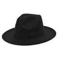 Classic black wool felt fedora hat with wide brim and grosgrain ribbon band for women - M / Black