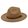 Classic camel wool felt fedora hat with wide brim and black studded leather band accessory - M / Camel
